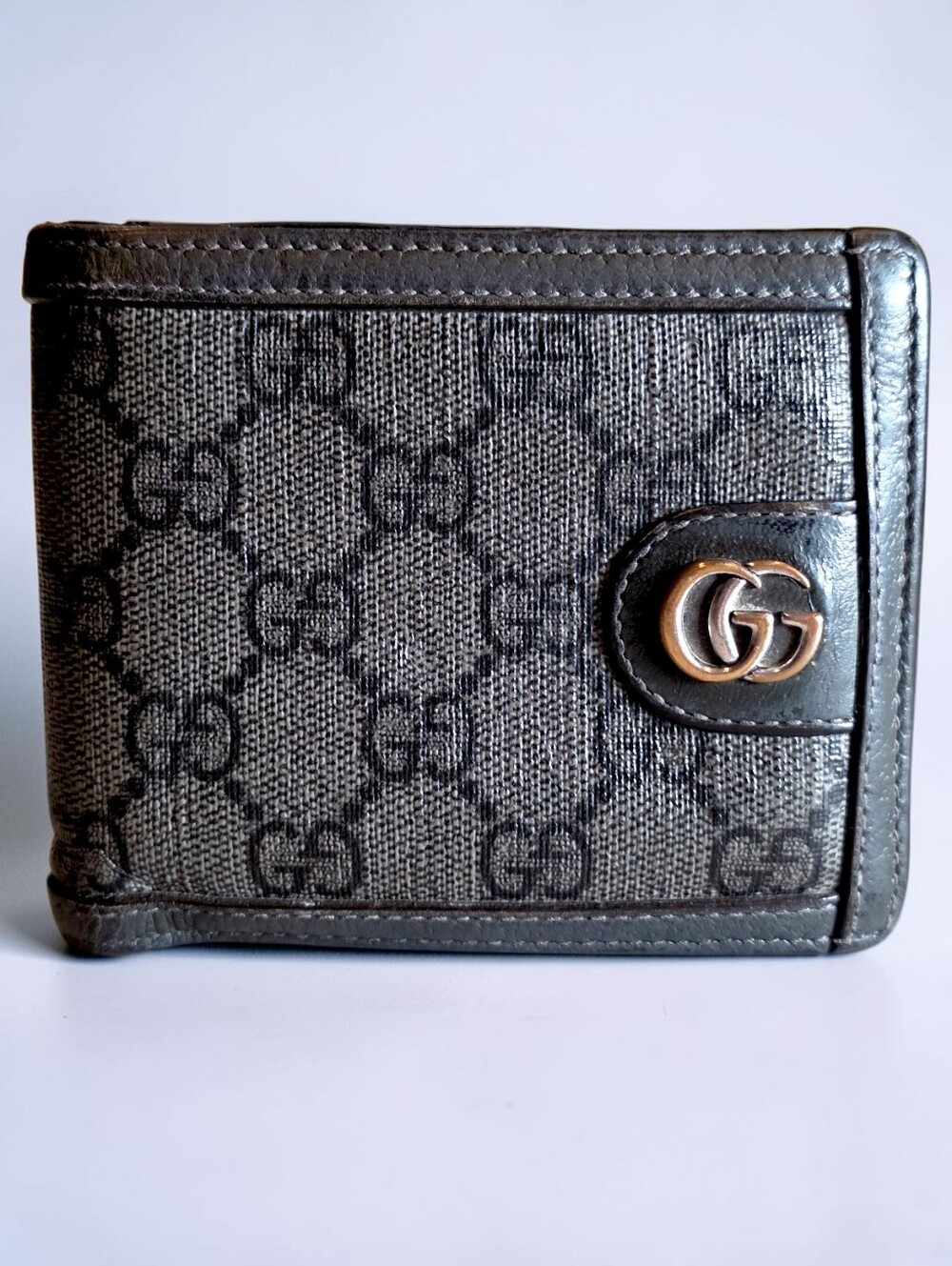Gucci Marmont Bifold Wallet Black Grey GG Supreme with Gold Double G